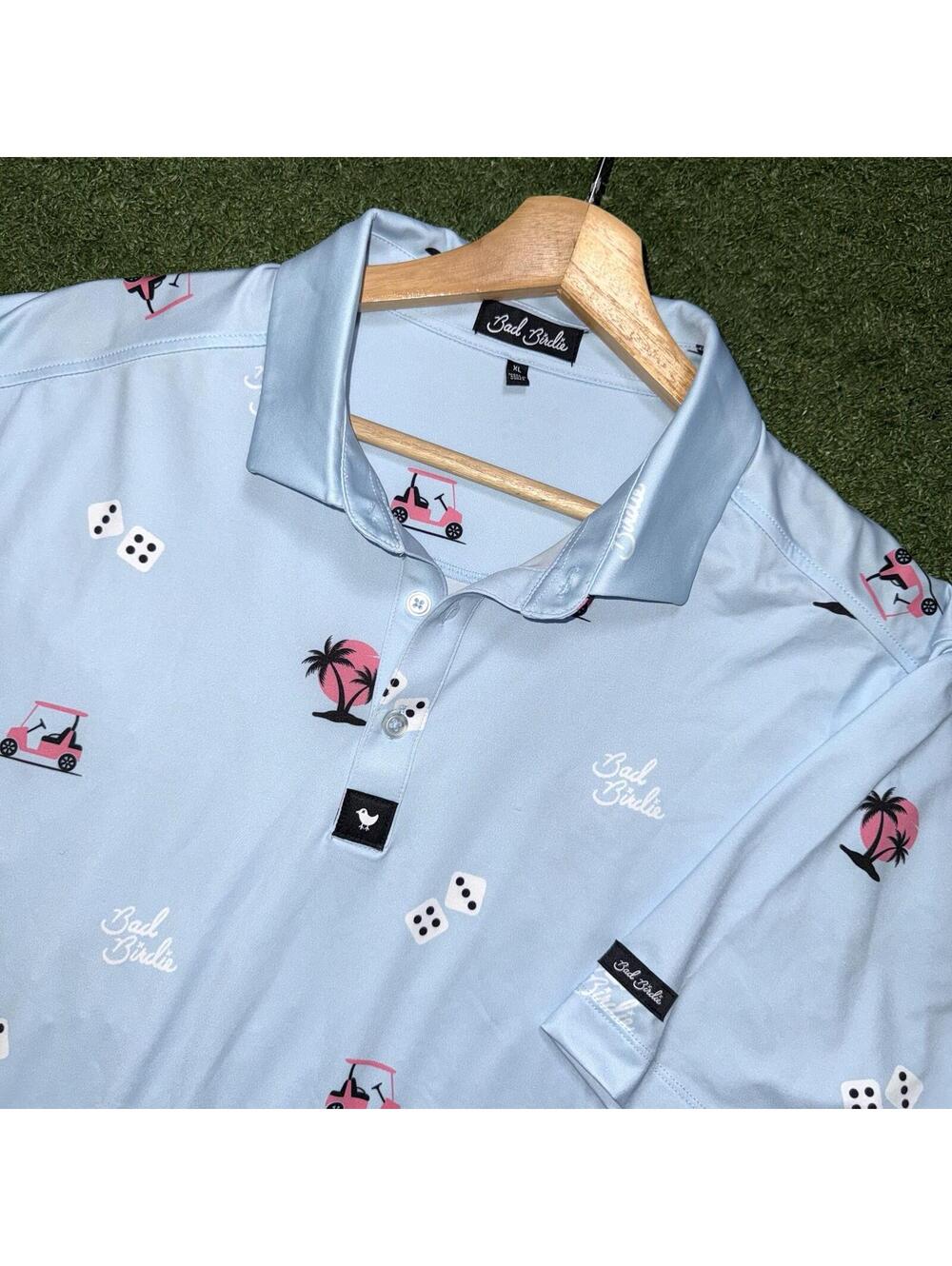 Bad Birdie Golf Polo Shirts Men Size XL Dice Golf buggy Prints Stretch Preppy
